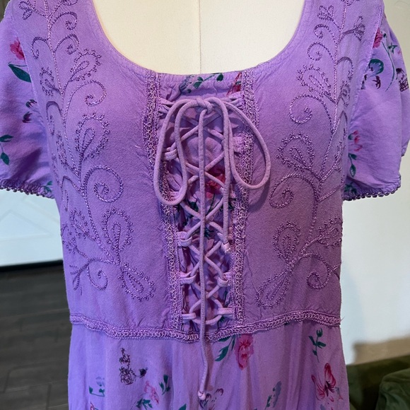 Fairycore Lavender Floral Lace-Up Midi Dress (adjustable waist) - Picture 3 of 7